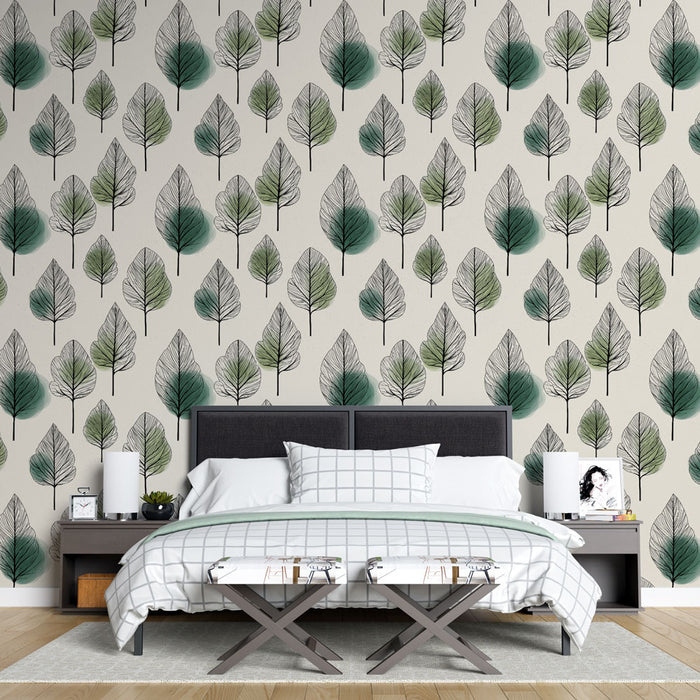 Une chambre moderne avec un papier peint représentant des feuilles délicates en noir et vert sur fond clair, créant une atmosphère apaisante et naturelle.