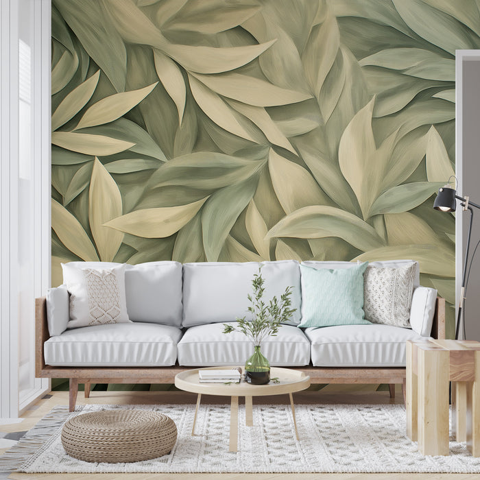 Un salon lumineux avec un papier peint aux motifs de feuilles délicates dans des teintes vertes et beiges, créant une ambiance naturelle et apaisante.