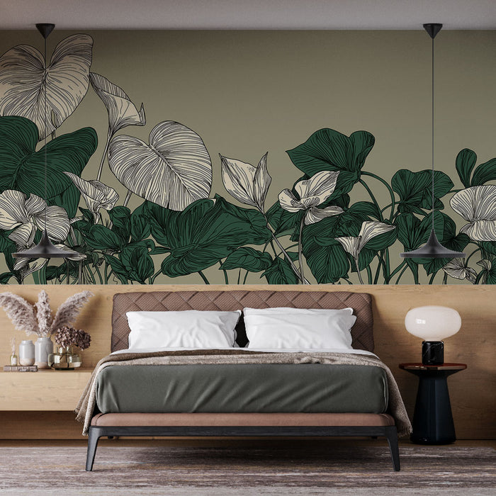 Papier peint feuillage | Feuilles graphiques sur fond beige