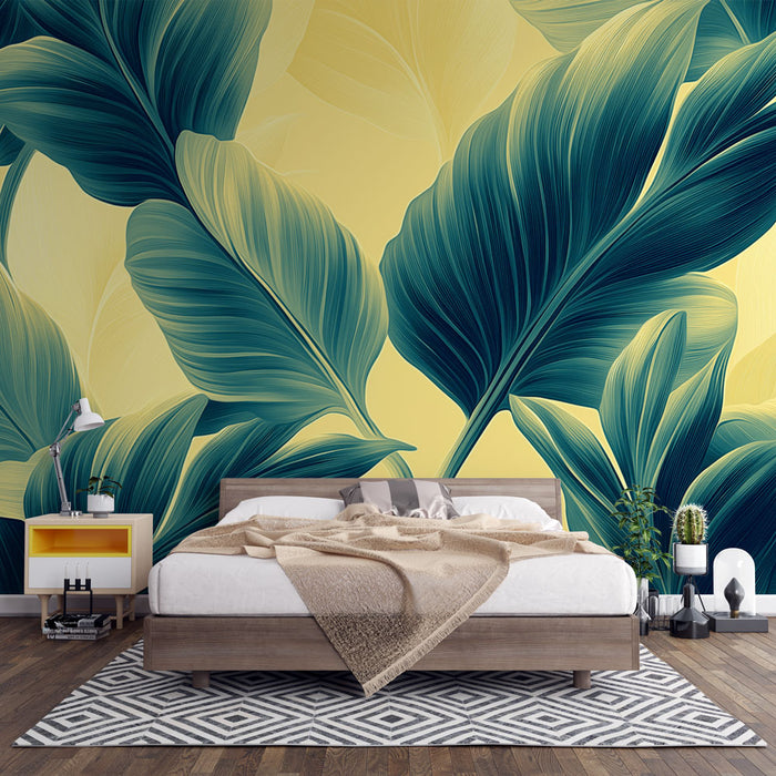 Papier peint feuillage | Feuilles luxuriantes sur fond jaune doux