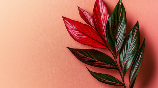 Papier peint feuillage| Feuilles rouges et vertes sur fond corail