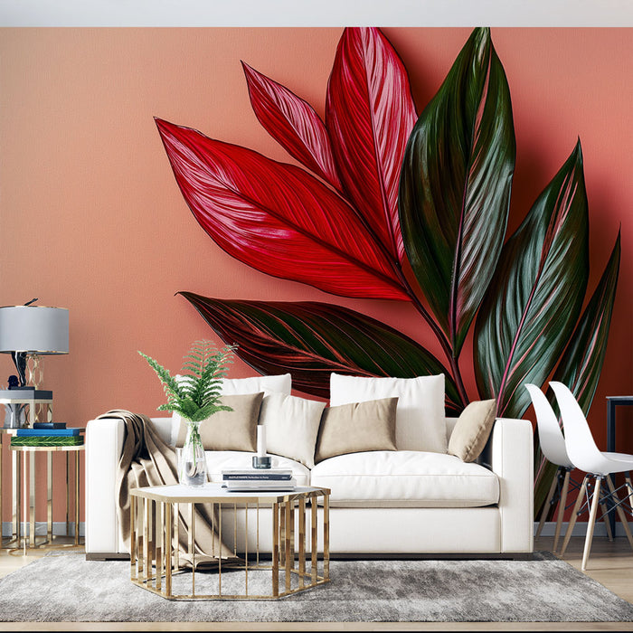 Papier peint feuillage | Feuilles rouges et vertes sur fond corail