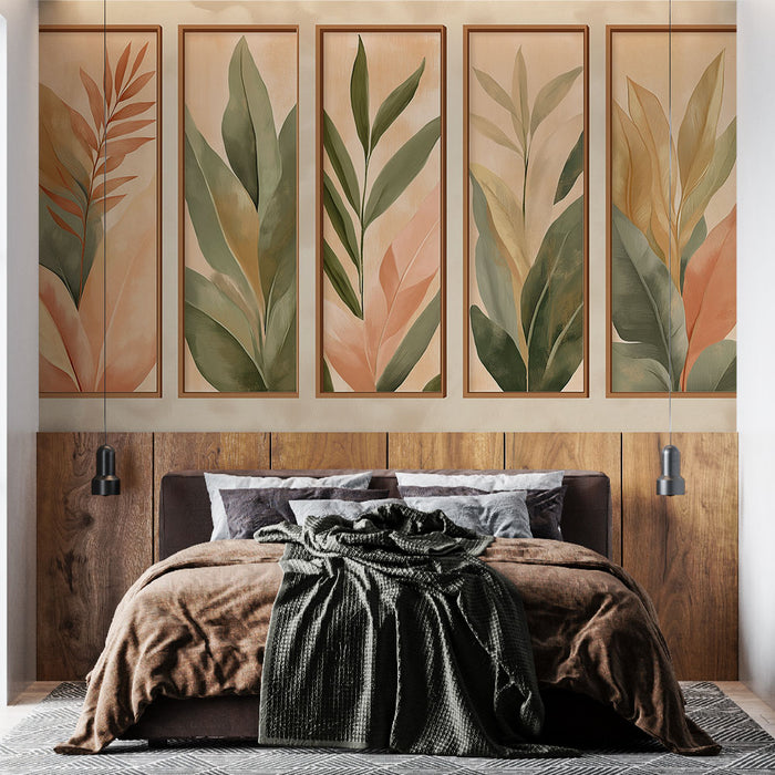 Une chambre moderne avec un papier peint représentant des feuilles stylisées dans des teintes douces de vert et rose, créant une ambiance naturelle et apaisante.