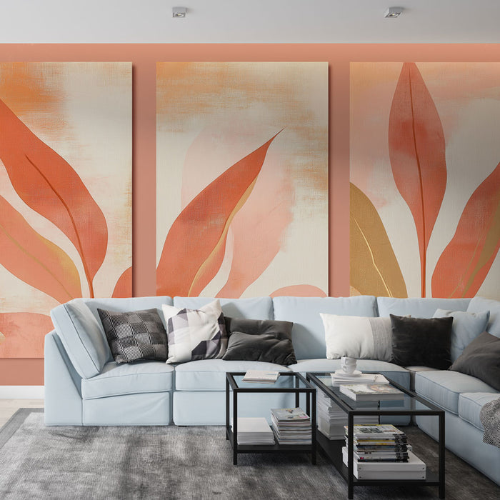 Un salon moderne avec un papier peint artistique représentant de grandes feuilles aux teintes orangées et dorées sur fond clair, créant une ambiance chaleureuse et accueillante.