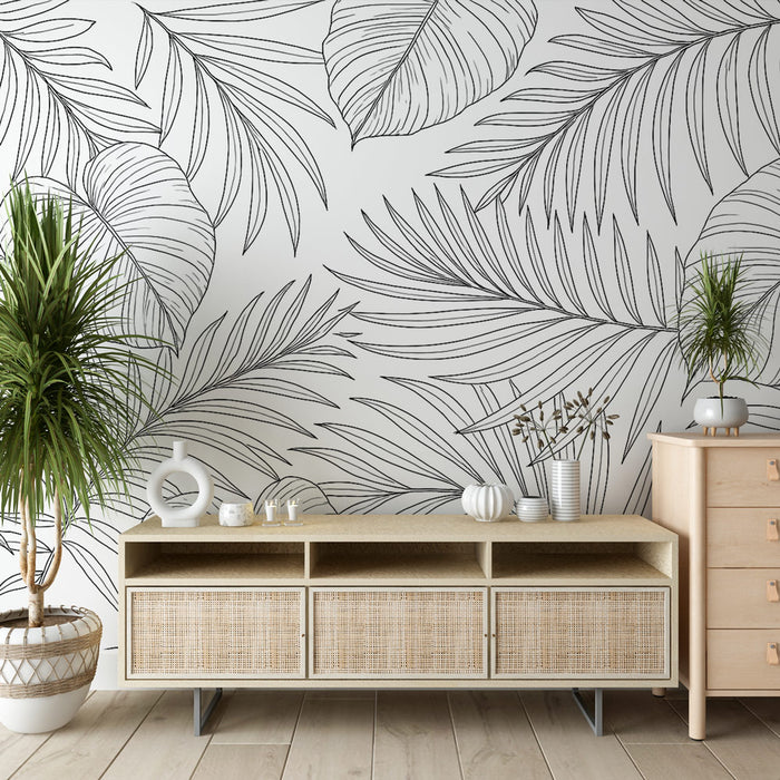 Papier peint feuillage | Feuilles tropicales en line art