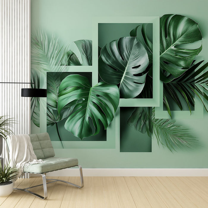 Une pièce moderne avec un papier peint tropical représentant de grandes feuilles vertes dans des cadres sur un fond mint, créant une ambiance fraîche et vivante.