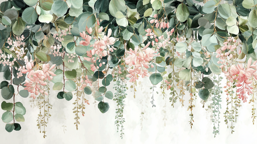 Papier peint feuillage floral Élégantes branches de fleurs roses et feuillage luxuriant