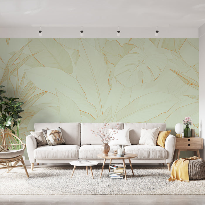 Une pièce lumineuse avec un papier peint aux motifs de grandes feuilles tropicales sur fond vert clair, dégageant une ambiance apaisante et naturelle.