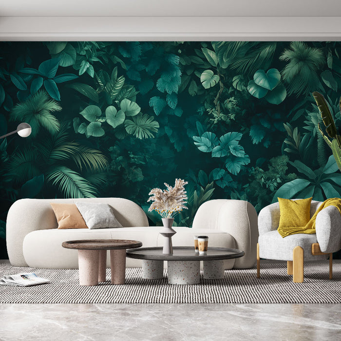 Un salon moderne avec un papier peint tropical aux nuances de vert foncé, représentant une multitude de feuilles exotiques créant une atmosphère apaisante et naturelle.