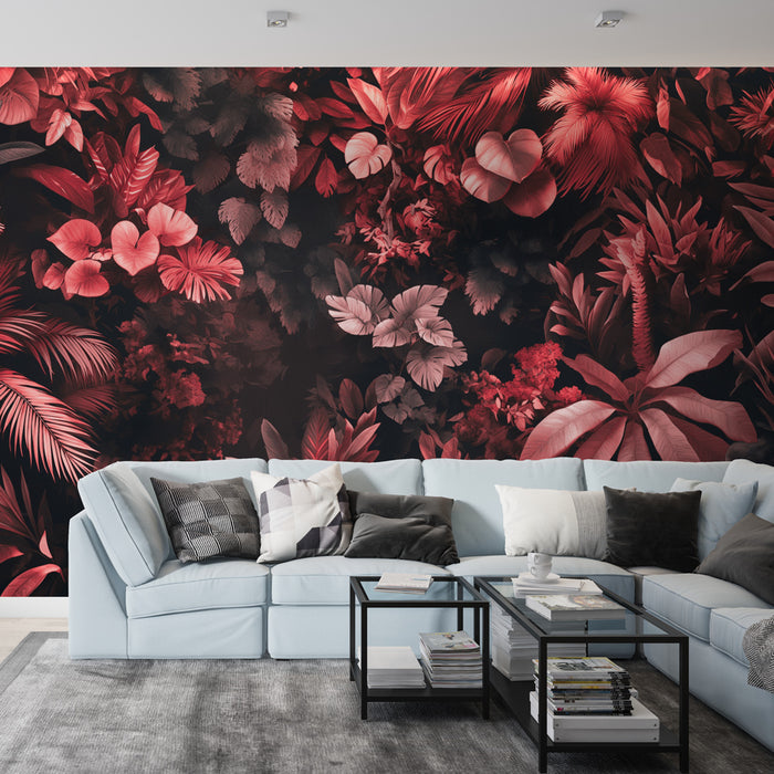 Un salon moderne avec un papier peint tropical aux motifs luxuriants de feuilles rouges et roses sur fond noir, créant une atmosphère chaleureuse et accueillante.