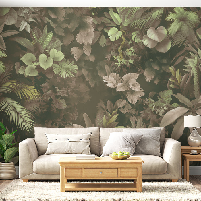 Une pièce de salon avec un papier peint tropical aux motifs luxuriants de feuilles vertes et brunes, créant une ambiance naturelle et apaisante.