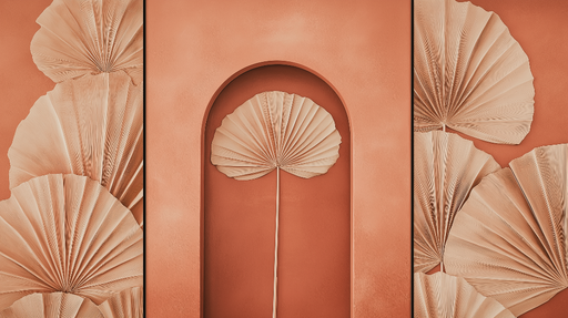 Papier peint feuillage Grande feuille texturée sur fond corail