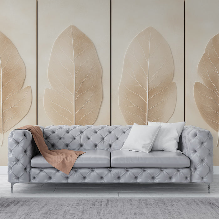 Un salon moderne avec un papier peint texturé beige illustrant de grandes feuilles délicates, créant une atmosphère douce et naturelle.