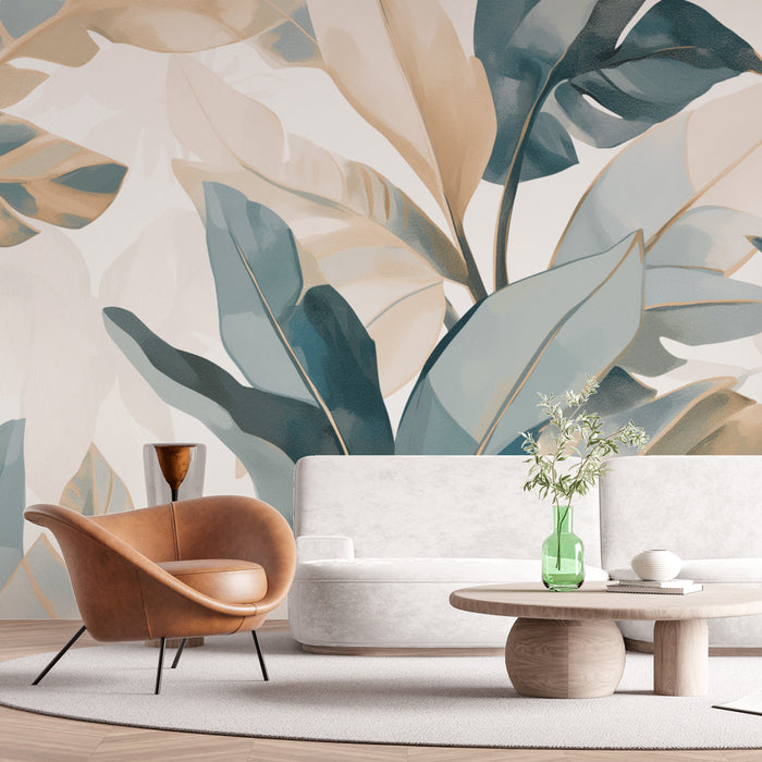 Un salon moderne avec un papier peint tropical aux motifs de grandes feuilles dans des teintes douces de vert et beige, créant une atmosphère apaisante et naturelle.