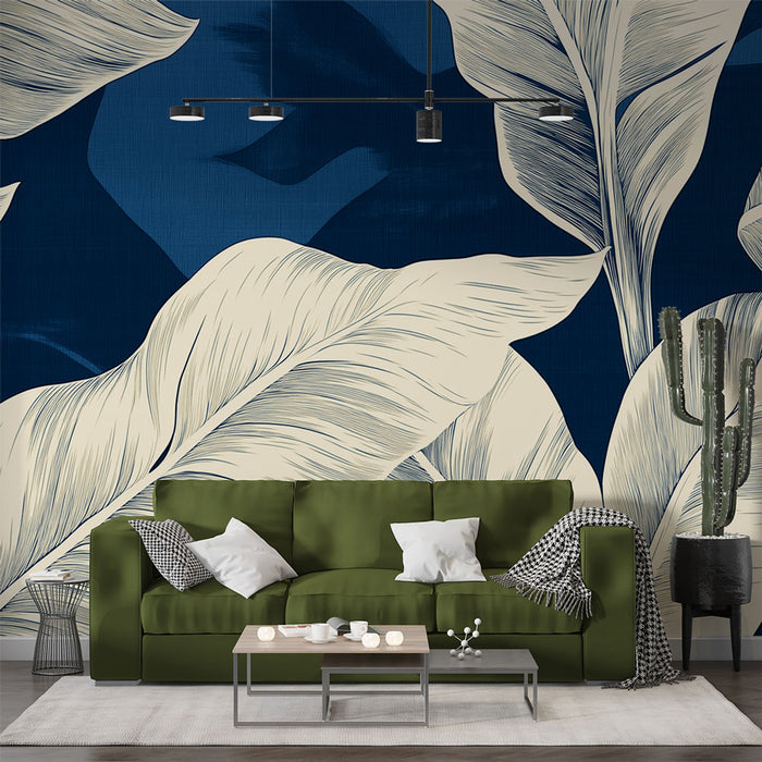 Papier peint feuillage | Grandes feuilles tropicales sur fond bleu