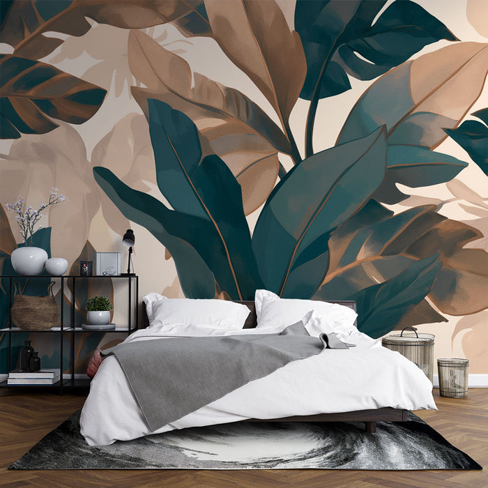 Une chambre moderne avec un papier peint représentant de grandes feuilles tropicales dans des teintes de vert et de brun, créant une atmosphère chaleureuse et naturelle.