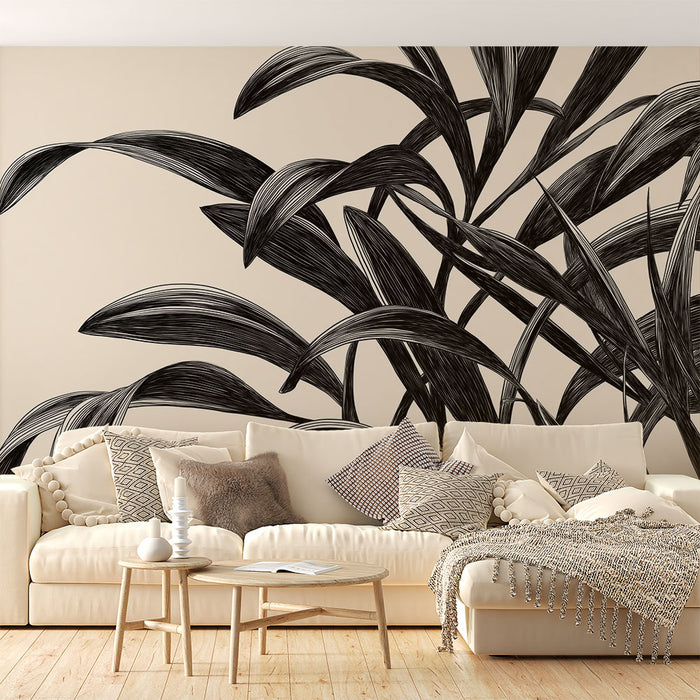 Papier peint feuillage graphique | Feuilles noir et blanc sur fond beige