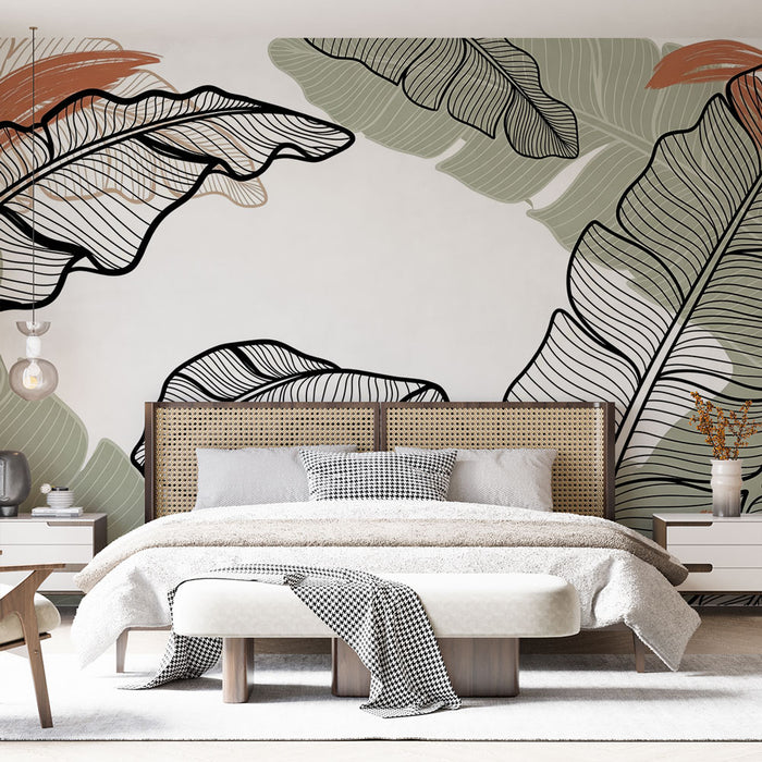 Une chambre apaisante avec un papier peint représentant de grandes feuilles stylisées en noir et vert, créant une atmosphère naturelle et contemporaine.