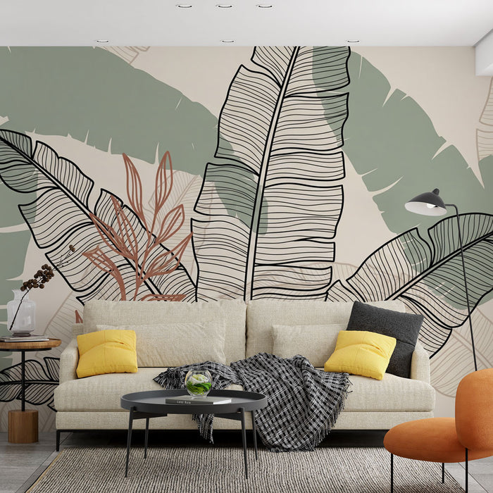 Un salon moderne avec un papier peint tropical représentant de grandes feuilles stylisées en vert et noir sur fond beige, créant une ambiance chaleureuse et apaisante.
