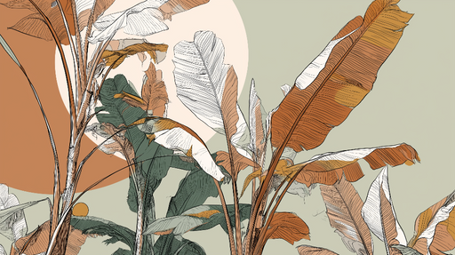 Papier peint feuillage graphique Feuilles sur fond pastel avec touches terracotta