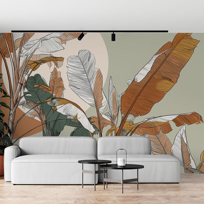 Papier peint feuillage graphique | Feuilles sur fond pastel avec touches terracotta