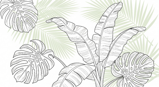 Papier peint feuillage graphique Feuilles tropicales en contours noirs sur fond clair