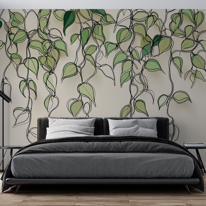 Une chambre moderne avec un papier peint représentant des feuilles grimpantes stylisées en vert sur fond clair, créant une atmosphère apaisante et naturelle.