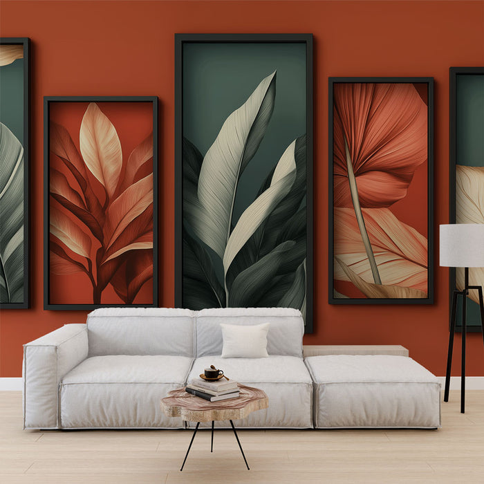 Un salon moderne avec un papier peint aux teintes terracotta et vert, mettant en valeur des motifs de grandes feuilles stylisées et une ambiance chaleureuse.