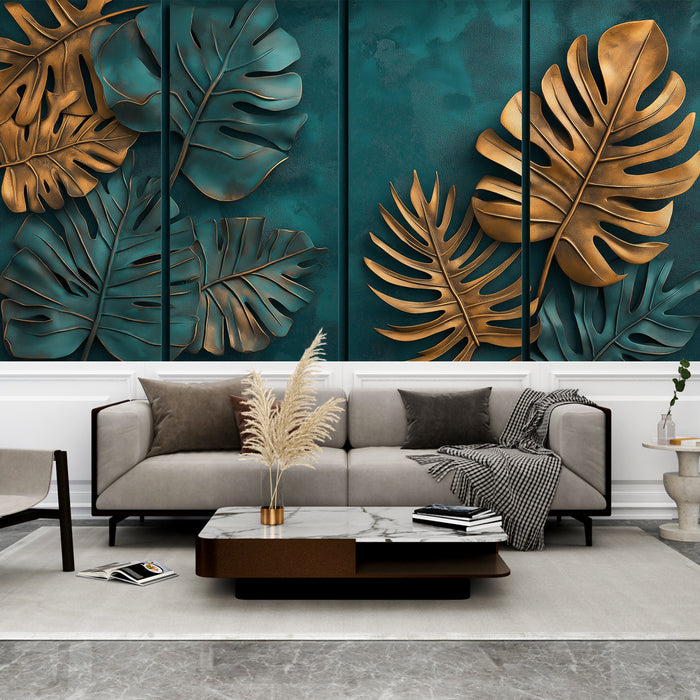 Un salon contemporain avec un papier peint aux grandes feuilles tropicales dorées sur fond vert émeraude, créant une ambiance chaleureuse et élégante.