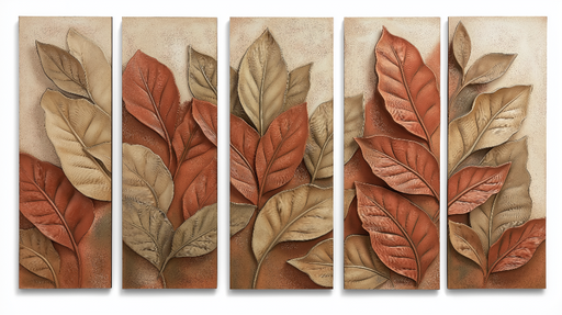 Papier peint feuillage imitation relief Motifs de feuilles en nuances terreuses