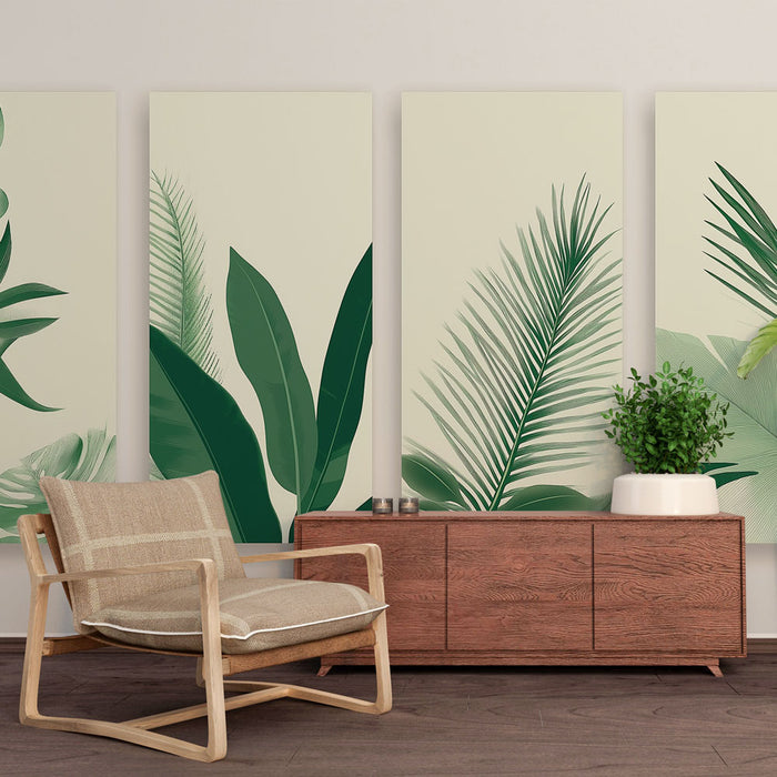 Une pièce moderne avec un papier peint tropical représentant de grandes feuilles vertes sur un fond clair, créant une atmosphère apaisante et naturelle.