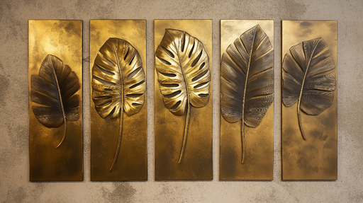 Papier peint feuillage imitation tableau Feuilles dorées en relief sur fond texturé