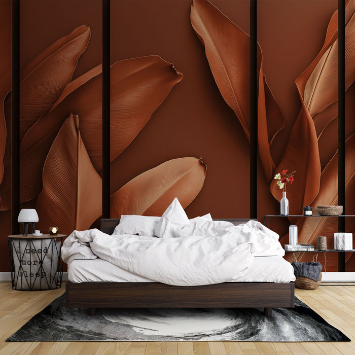 Papier peint feuillage imitation tableau | Feuilles dorées sur fond terreux