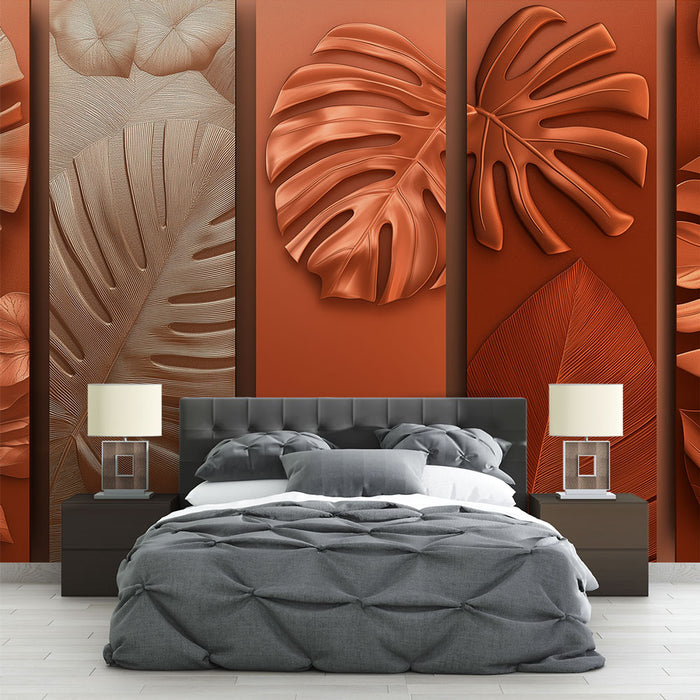 Une chambre moderne avec un papier peint texturé terracotta représentant de grandes feuilles exotiques en relief, créant une ambiance chaleureuse et accueillante.