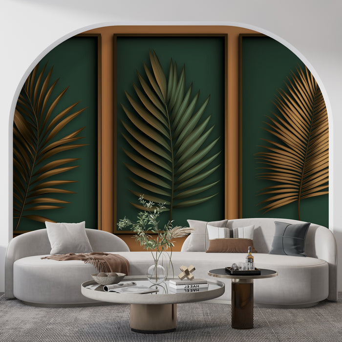 Un salon contemporain avec un papier peint représentant de grandes feuilles tropicales en relief sur un fond vert profond, créant une atmosphère élégante et apaisante.
