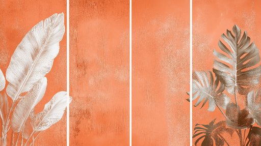 Papier peint feuillage imitation tableau Plantes tropicales sur fond orange éclatant