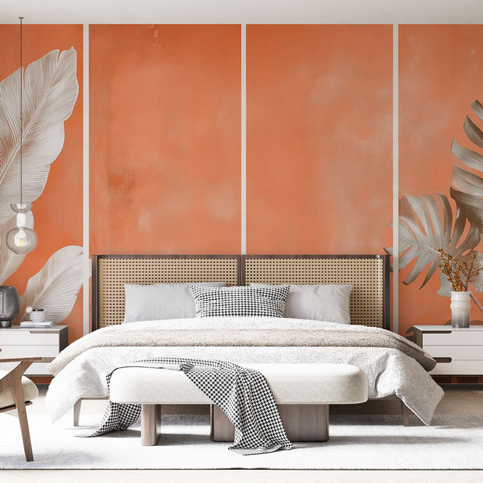 Papier peint feuillage imitation tableau | Plantes tropicales sur fond orange éclatant