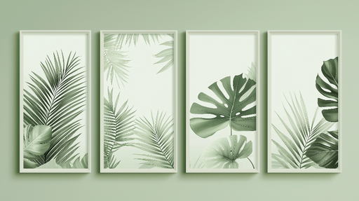 Papier peint feuillage imitation tableau Quatre cadres avec des motifs de feuillage verdoyant