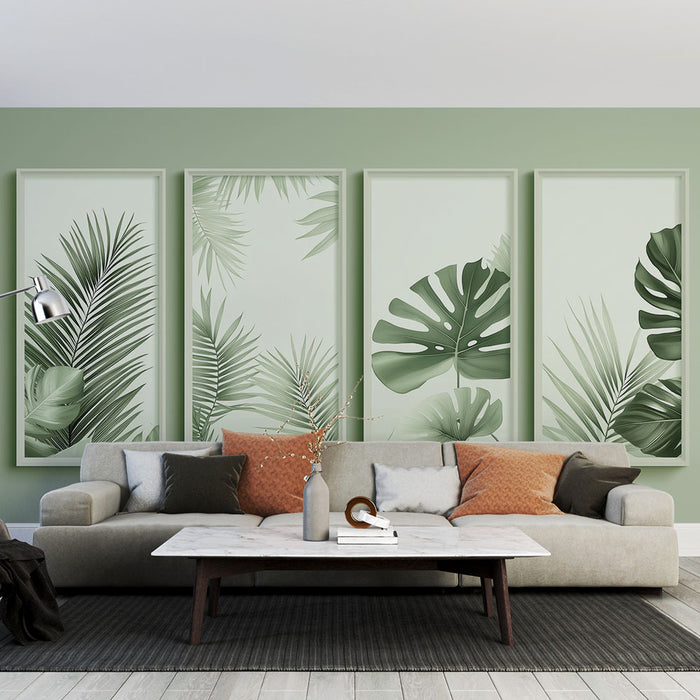 Une pièce moderne avec un papier peint tropical vert pastel illustrant de grandes feuilles exotiques, créant une ambiance fraîche et apaisante.