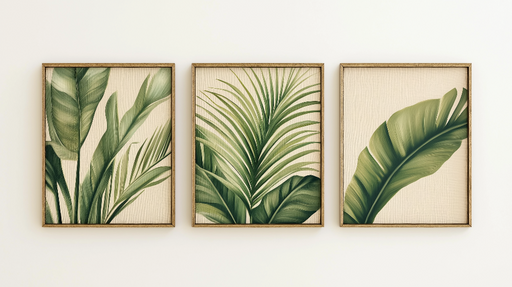 Papier peint feuillage imitation tableau Trois œuvres d'art représentant des feuilles luxuriantes dans des nuances de vert