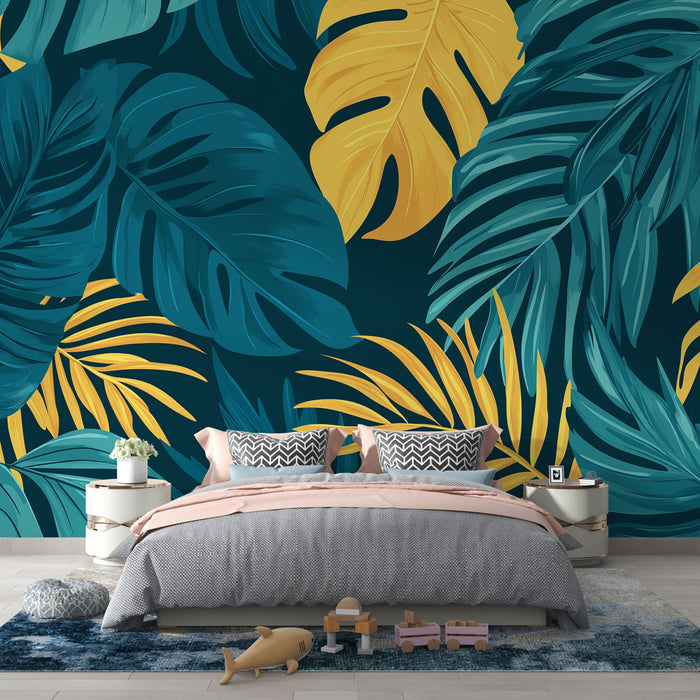 Papier peint feuillage jaune et bleu | Monstera et palmier