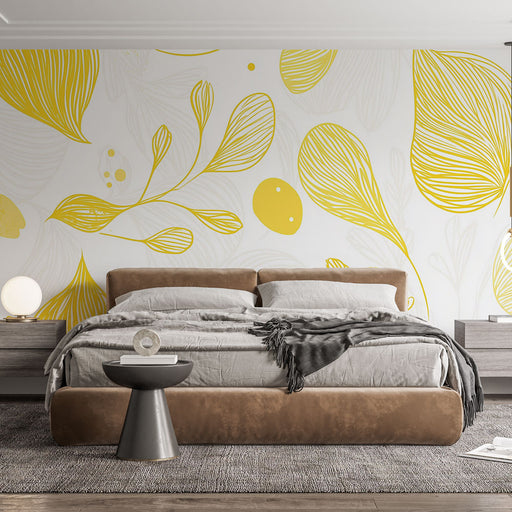 Papier peint feuillage jaune avec motifs délicats de feuilles et tiges sur fond blanc pour chambre moderne