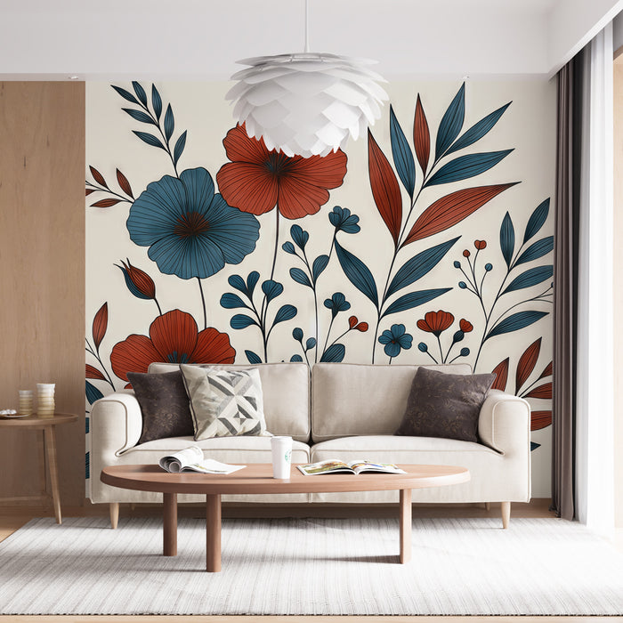 Papier peint feuillage | Line art fleurs et feuillages divers bleus et rouges