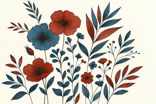 Papier peint floral aux teintes rouge et bleu, représentant des fleurs stylisées sur fond clair, créant une ambiance à la fois moderne et apaisante.