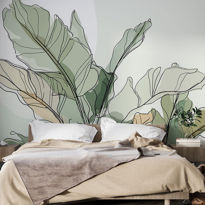Une chambre moderne avec un papier peint représentant de grandes feuilles aux lignes épurées et aux teintes douces, créant une atmosphère apaisante et naturelle.