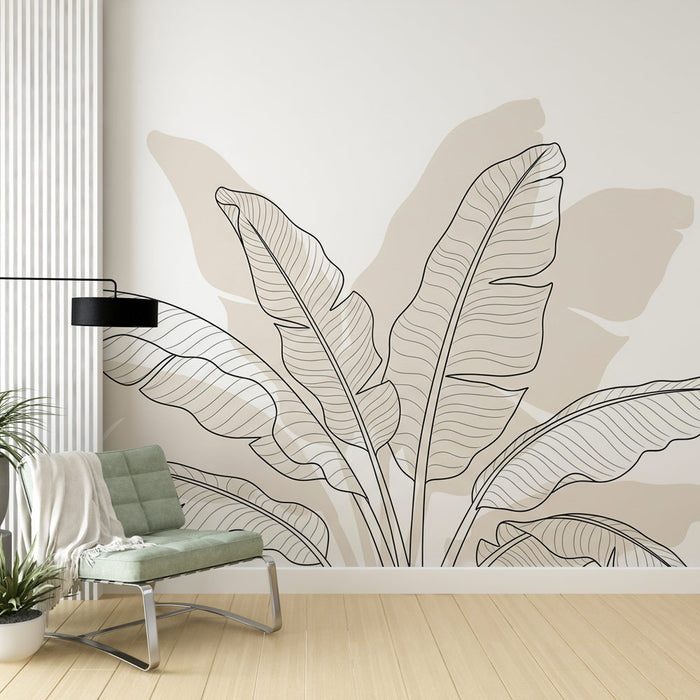 Une pièce moderne avec un papier peint représentant de grandes feuilles stylisées en noir sur un fond beige doux, créant une atmosphère apaisante et naturelle.