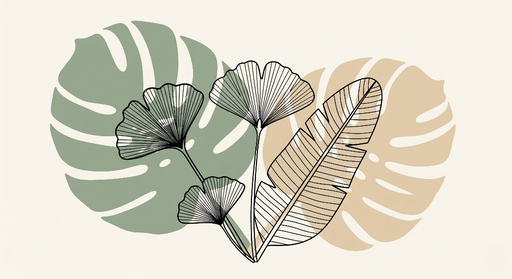 Papier peint feuillage linéaire Feuilles stylisées sur fond pastel