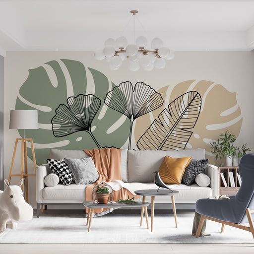 Un salon lumineux avec un papier peint représentant de grandes feuilles graphiques vertes et beiges sur fond clair, créant une atmosphère fraîche et apaisante.