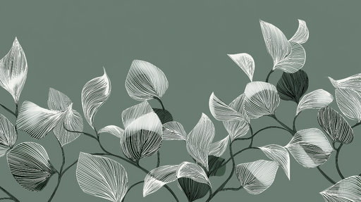 Papier peint feuillage linéaire Motifs de feuilles blanches sur fond vert