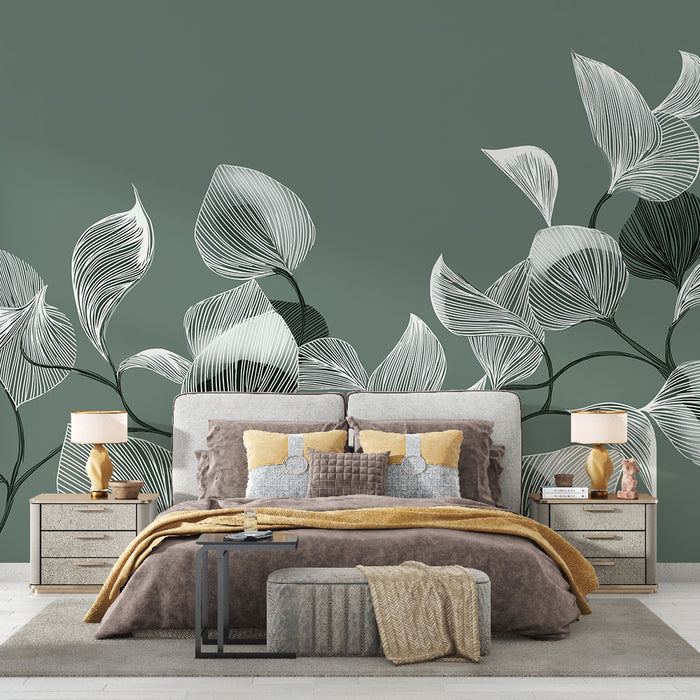 Papier peint feuillage linéaire | Motifs de feuilles blanches sur fond vert